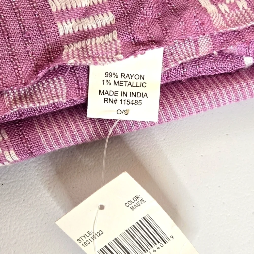 Pink Mauve White Rayon Metallic Striped Rectangular Scarf Wrap 27